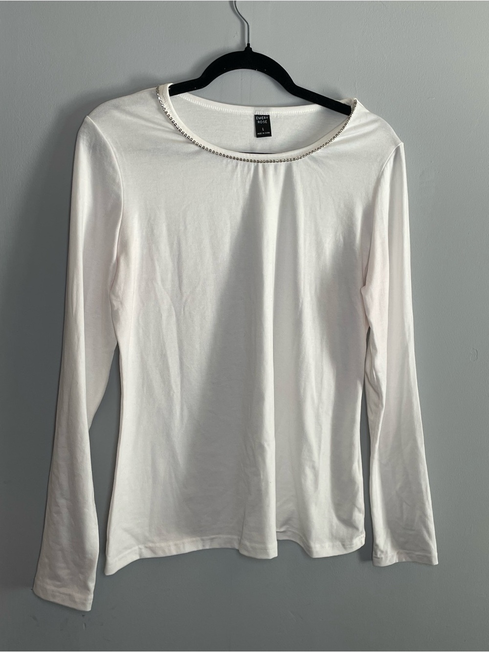 Worthington White Long-Sleeve Jewel-Neck Top with Embellished Trim